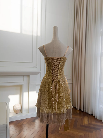 Glitter Gold Spaghetti Straps Sequins Beaded Cocktail Dress Short Graduation Homecoming Dress Y9050