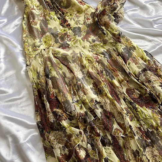 Vintage Green Chiffon Print Floral Beaded Mermaid Prom Dress Spaghetti Straps Birthday Party Dress Y9732