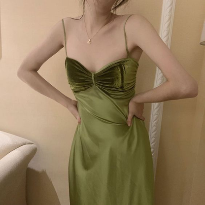 Chic Spaghetti Straps Bright Green Satin Mermaid Evening Dress Long Wedding Guest Dress SP338