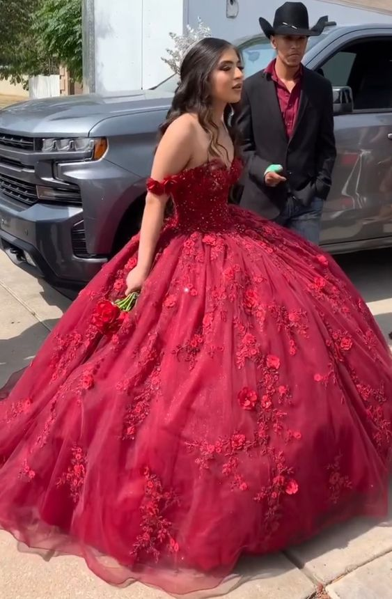 Red Ball Gown Quinceanera Dresses 3D Flowers 16 Birthday Princess Dress Y6469