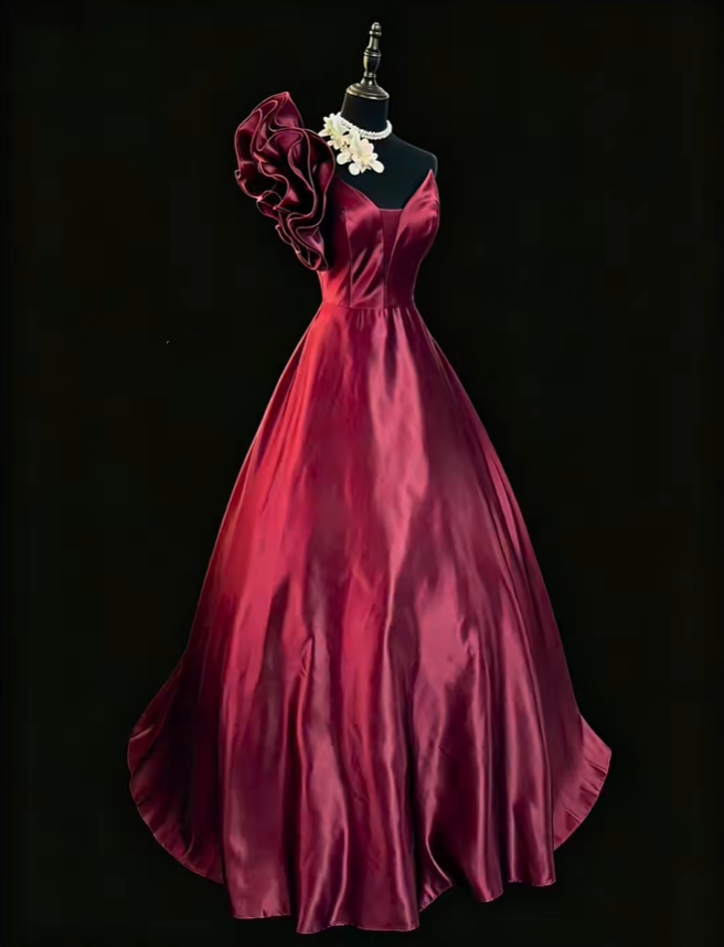 Vintage One Shoulder Ball Gown Burgundy Satin Ruffles Long Party Dress SP2768