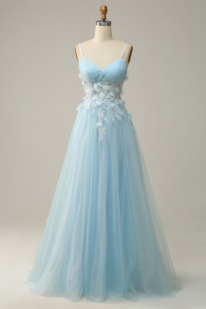 Women Sky Blue Spaghetti Straps A Line Tulle Long Prom Dress Y7032