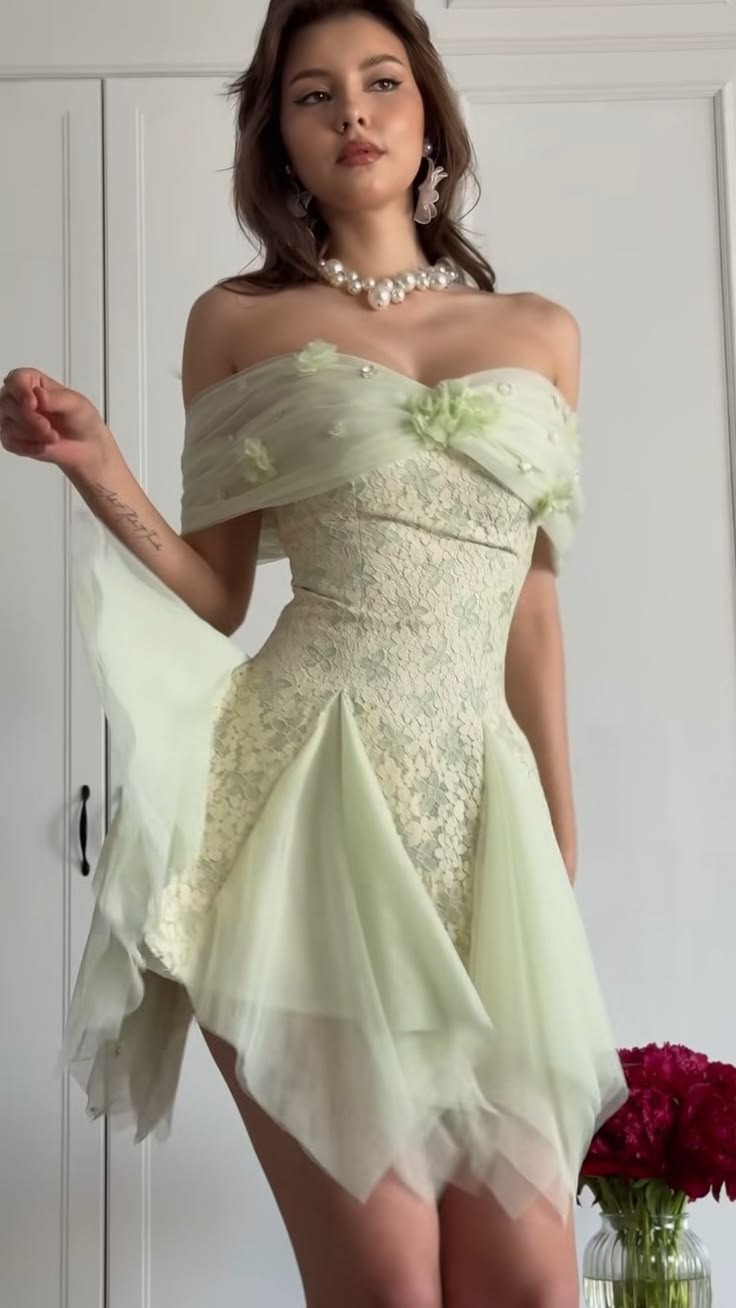 Classy Light Green Tulle Lace Short 17th Birthday Outfits,Off The Shoulder Mini Homecoming Dress SP3615