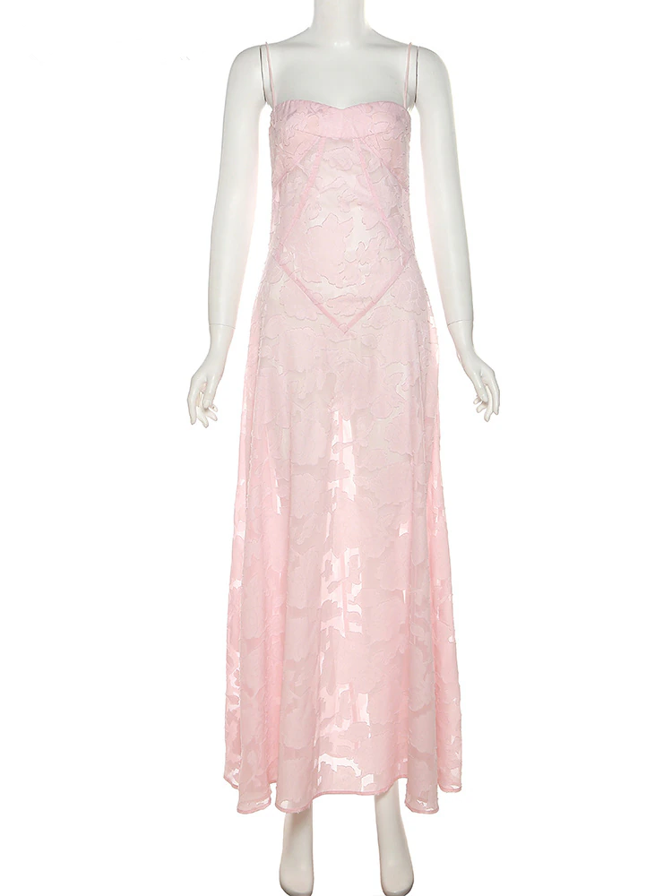 Women's Elegant Floral Printed Mesh Maxi Dress Sexy See-through Pink Prom Dress Y2834