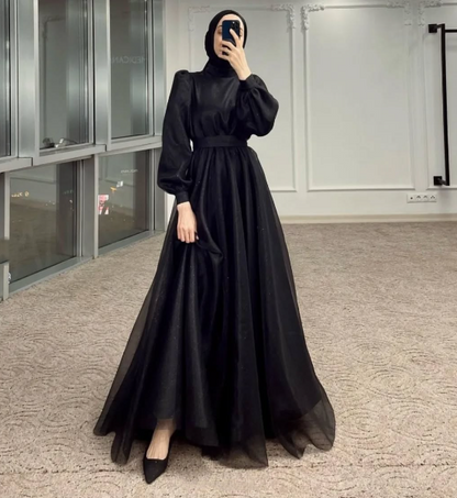 Modest A-line Navy Blue Tulle Long Sleeves Prom Dress,Muslim Dress  Y5848