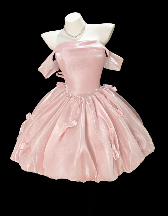 Cute Pink Off The Shoulder Satin Bow A Line Short Homecoming Dress Birthday Outfits SP1928