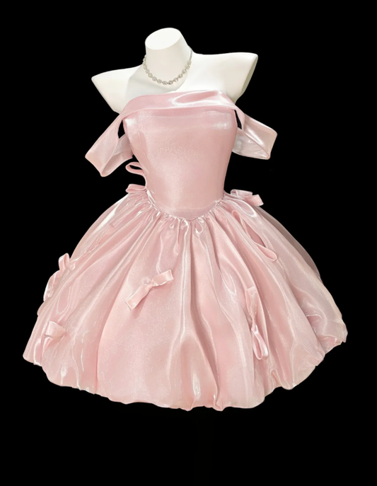 Cute Pink Off The Shoulder Satin Bow A Line Short Homecoming Dress Birthday Outfits SP1928