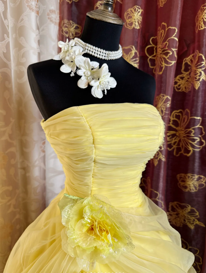 Sweet Strapless Ball Gown Yellow Organza Pleated Birthday Quinceanera Dress With 3D Flowers SP1891