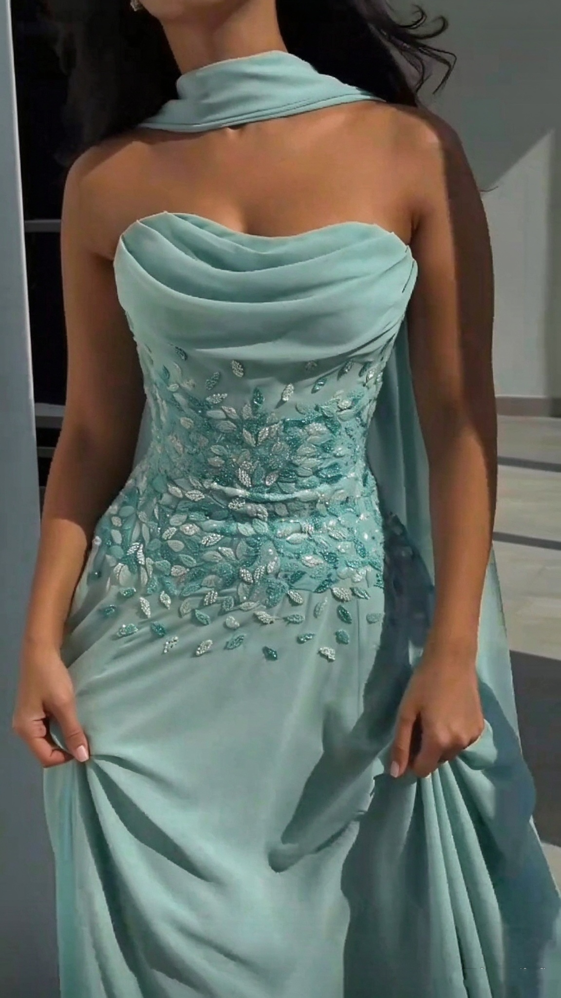 Elegant Strapless Mint Green Chiffon Beaded Slit Long Party Dress Prom Gowns SP4272