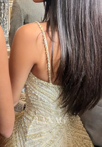 Luxurious Spaghetti Straps Sequin Beaded Gold Long Evening Dress Prom Gown With Tassel  SP792