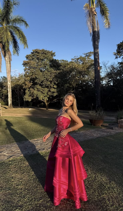 Gorgeous Hot Pink Strapless Satin Beaded Long Party Dress Prom Dress SP3101