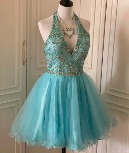 Gorgeous Halter Tulle Beaded Short Birthday Outfits Blue A Line Homecoming Dress  Y9054
