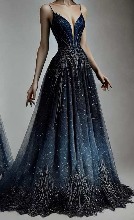 Glitter Navy Blue Sequins Appliques Evening Dress,Formal Prom Dress Y8410