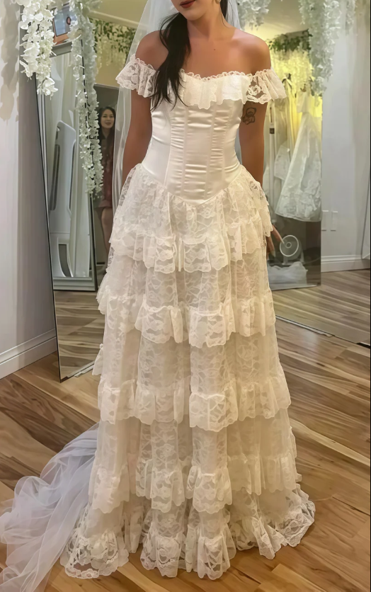 Vintage Off The Shoulder White Lace Layered Wedding Dress, Ruffle Long Bridal Dress Y8015