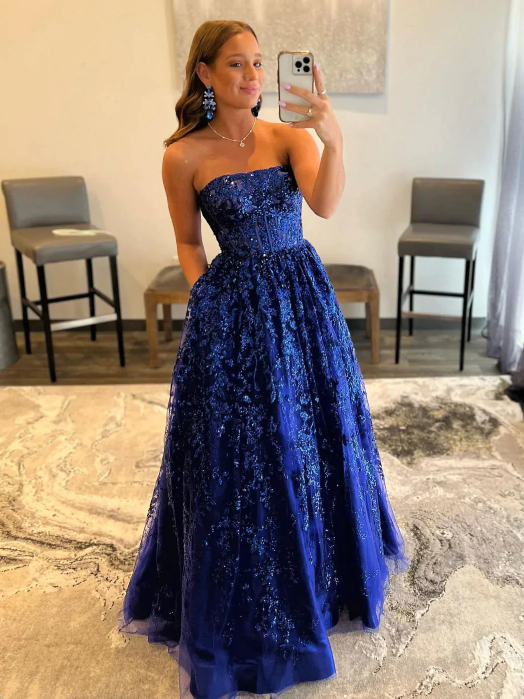 Blue A line tulle sequin long prom dress, blue tulle evening dress Y3065