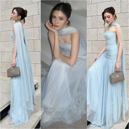 Classy Blue Tulle Prom Dress Strapless A Line Evening Dress Y8804
