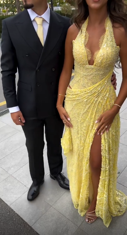 Sexy Halter V Neck Lace Slit Mermaid Long Prom Dress Yellow Long Birthday Party Gowns SP3628