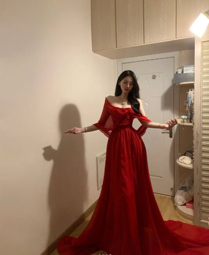 Pretty Red Off The Shoulder Chiffon Long Party Dress Formal Guest Dress SP298