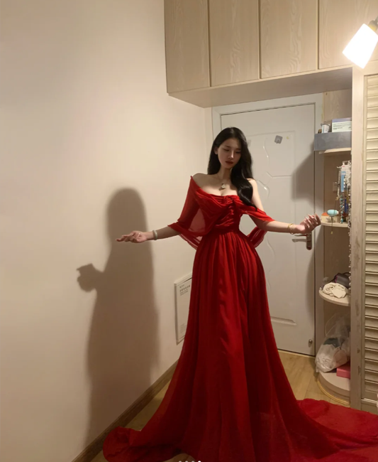 Pretty Red Off The Shoulder Chiffon Long Party Dress Formal Guest Dress SP298