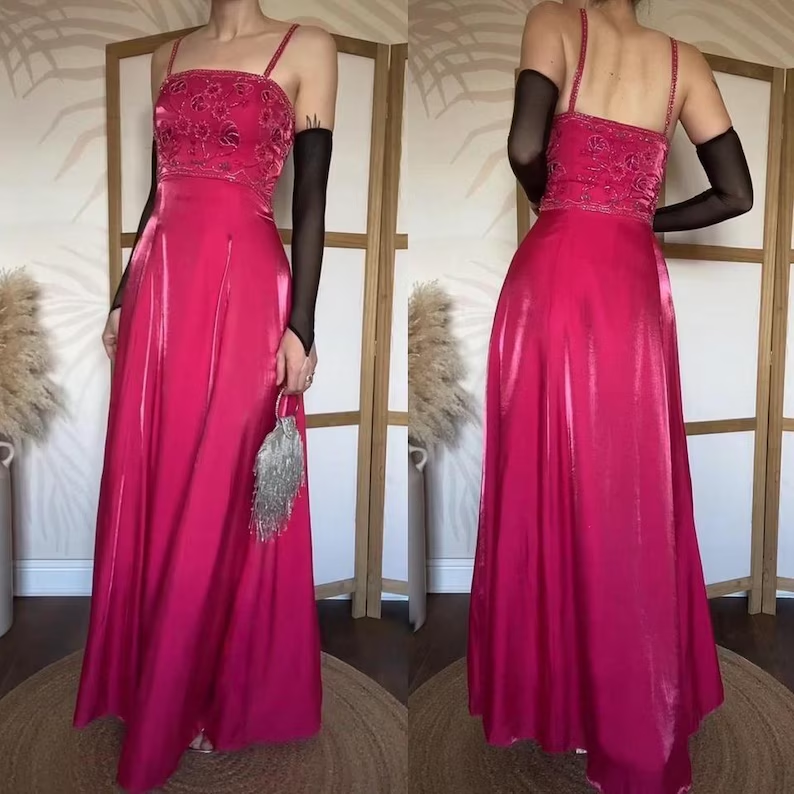 Vintage Spaghetti Straps Hot Pink Satin Beaded A Line Long Prom Dress Birthday Evening Dress SP1900