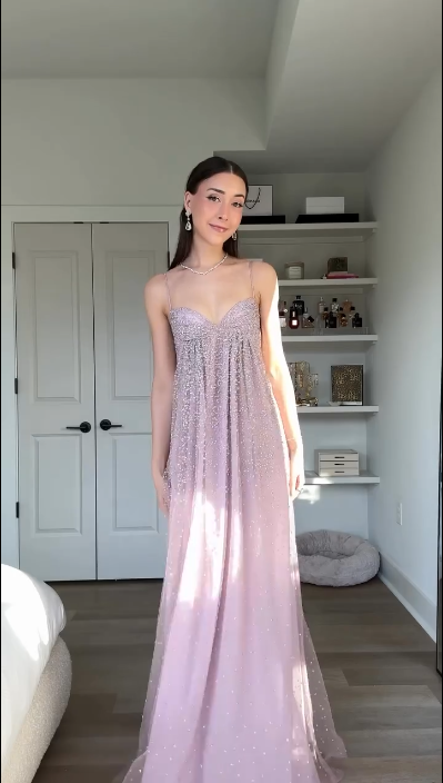 Elegant Spaghetti Straps Pink Tulle Sequin A Line Long Party Dress Prom Gowns SP4271