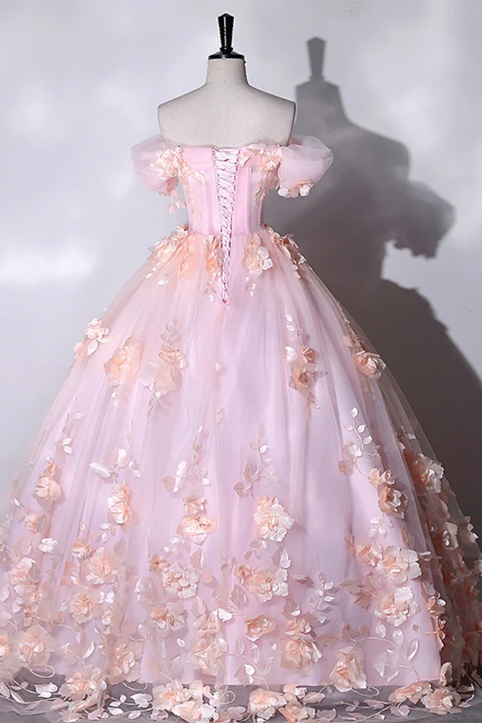 Pink Flowers Sweetheart Ball Gown Formal Dresses, Pink Long Sweet 16 Dresses Y6951