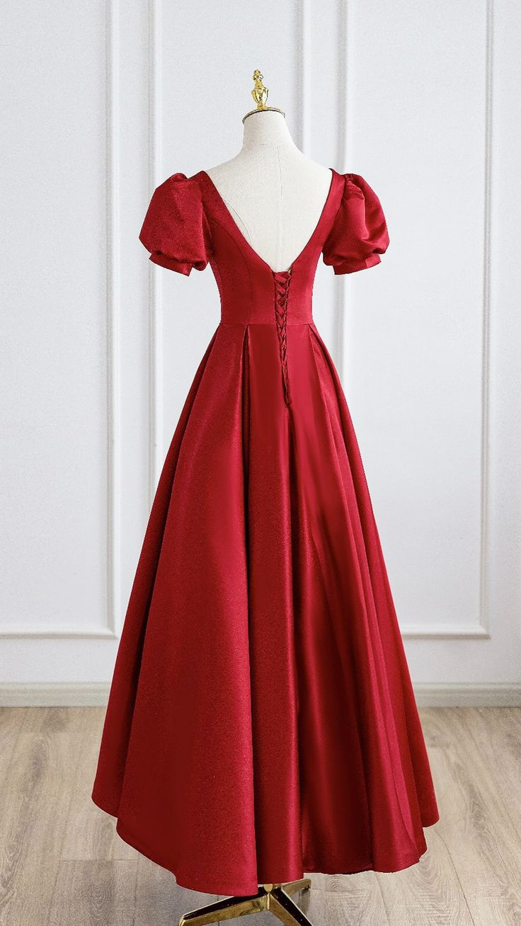 Red Satin Long Prom Dress, Simple A-Line Short Sleeve Evening Party Dress Y5504