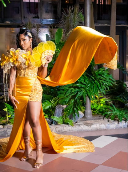 Gorgeous Yellow One Shoulder Satin Sequin 3D Floral Long Party Dress Evening Dress SP3176