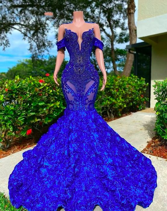 Luxury Royal Blue Ruched Flowers Prom Dresses For Black Girls Off The Shoulder Mermaid Evening Gowns Ruched Flowers  Y6642