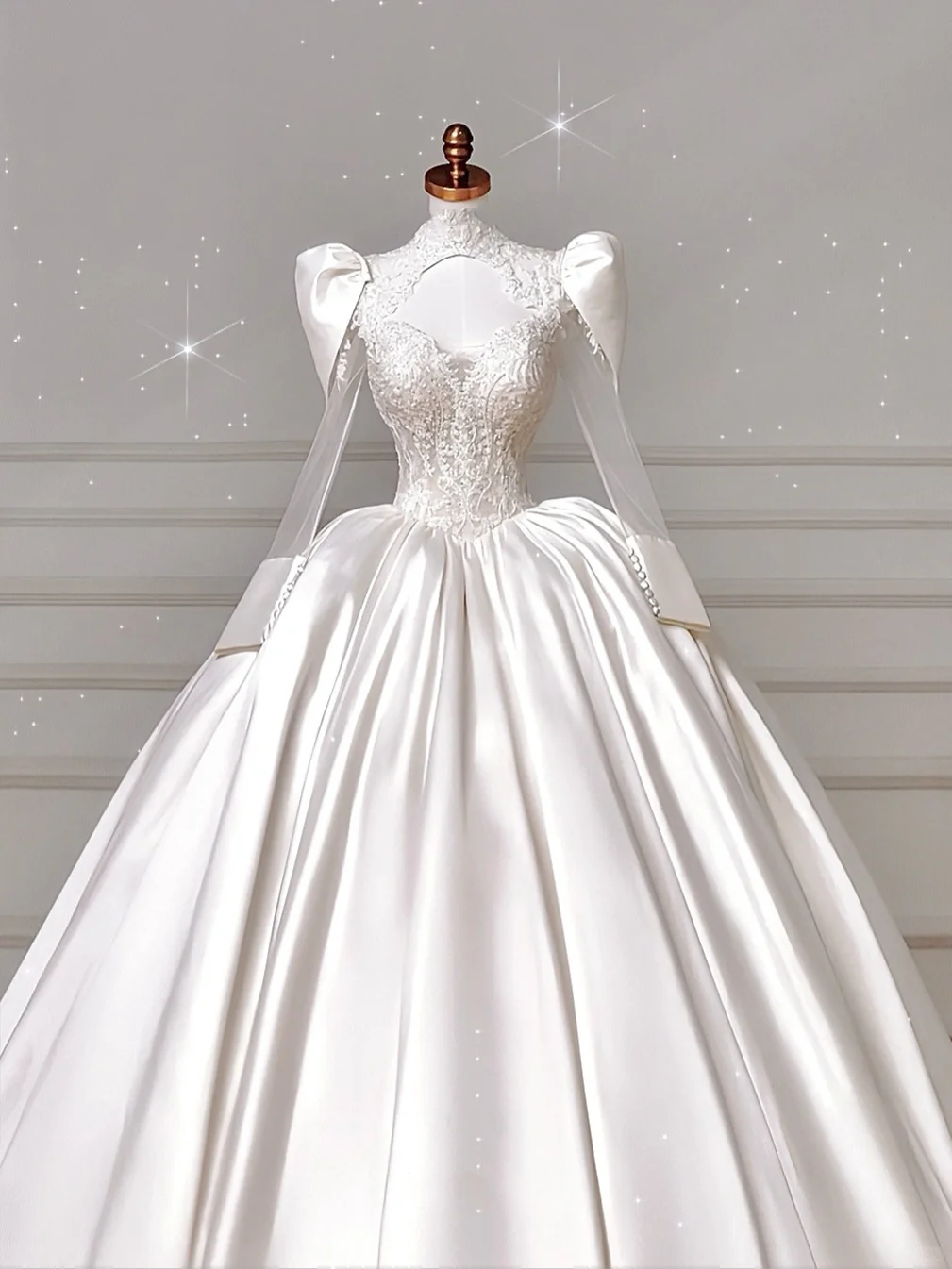 Gorgeous White Satin Lace Appliques Long Wedding Dress Y8607