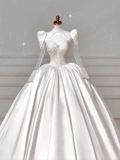 Gorgeous White Satin Lace Appliques Long Wedding Dress Y8607