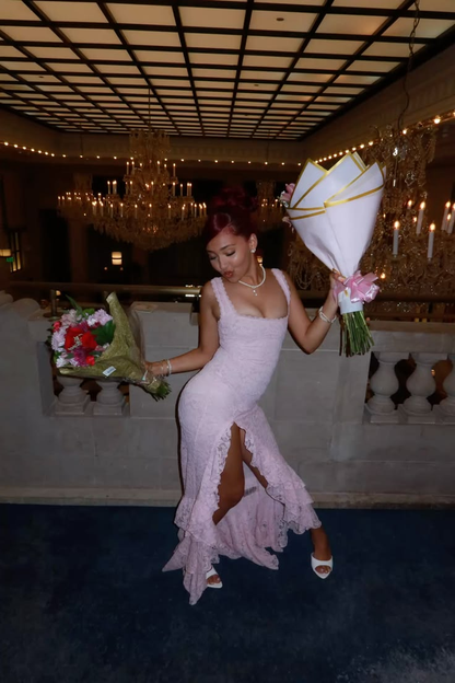 Classy Pink Lace Slit Ruffle Long Prom Dress Party Gown SP3730