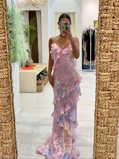 Romantic Spaghetti Straps V Neck Chiffon Print Prom Dress,Charming Evening Dress Y2306