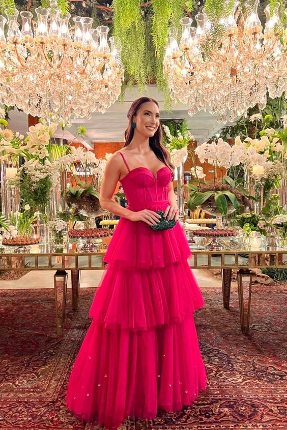 Lovely A-Line V Neck Neck Hot Pink Tulle Tiered Long Prom Dress Y6796