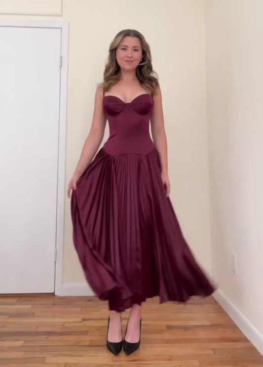 Elegant Spaghetti Straps Satin Pleated Burgundy A Line Bridesmaid Dress Prom Dress SP246