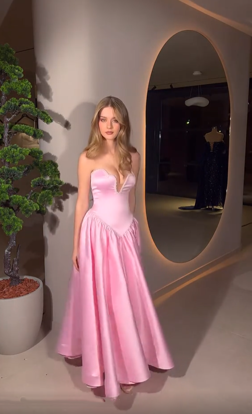 Elegant Pink Strapless Satin Beaded A Line Long Party Dress Birthday Prom Dress SP3027