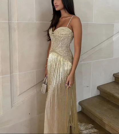 Luxurious Spaghetti Straps Sequin Beaded Gold Long Evening Dress Prom Gown With Tassel  SP792