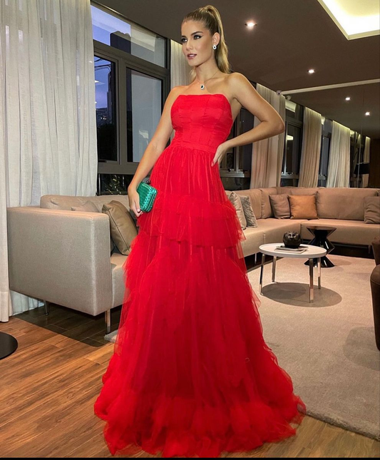 Red Strapless Tulle Prom Dress,Red Long Evening Dress Y2354