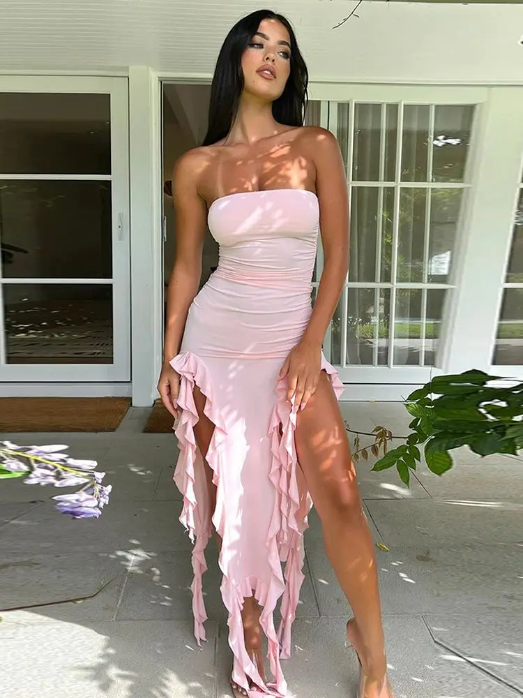 Pink Strapless Ruffle Evening Dress Women Sexy Bodycon Fringe Elegant Sleeveless Backless Holiday Club Party Dress Y6438