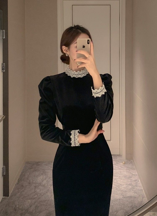 Vintage Black Long Sleeves Evening Dress,Black Formal Dress Y5695