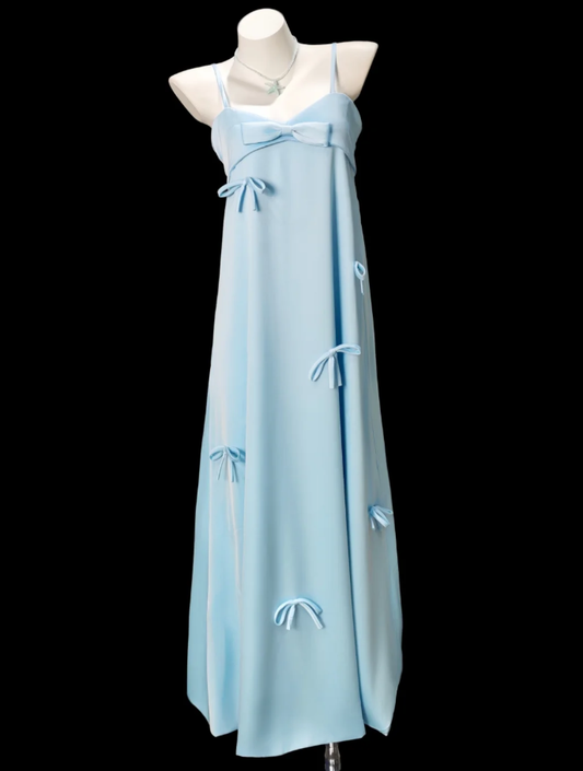 Classy Spaghetti Straps Blue Bow Satin Long Party Dress Birthday Prom Dress SP1919