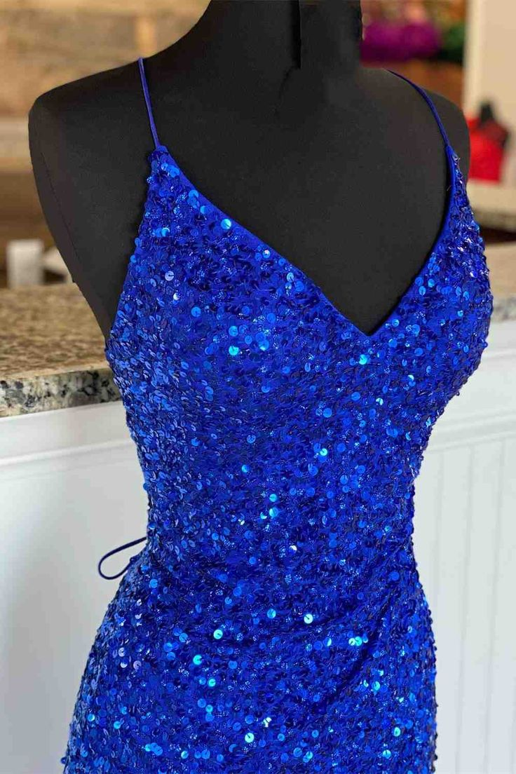 Royal Blue Lace-Up High Slit Glitter Long Prom Dress Y5733