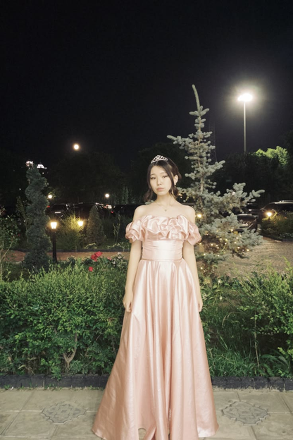 Elegant Pink Satin Long Party Dress Off The Shoulder Long Birthday Prom Dress SP3706