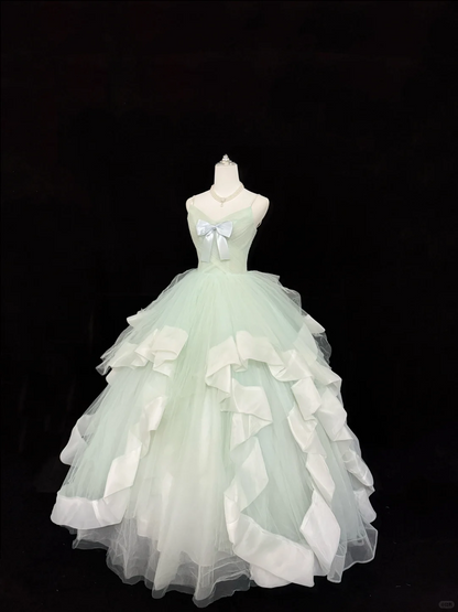 Sweet Spaghetti Straps Mint Green Tulle Ball Gown Formal Quinceanera Dress With Bow SP2218