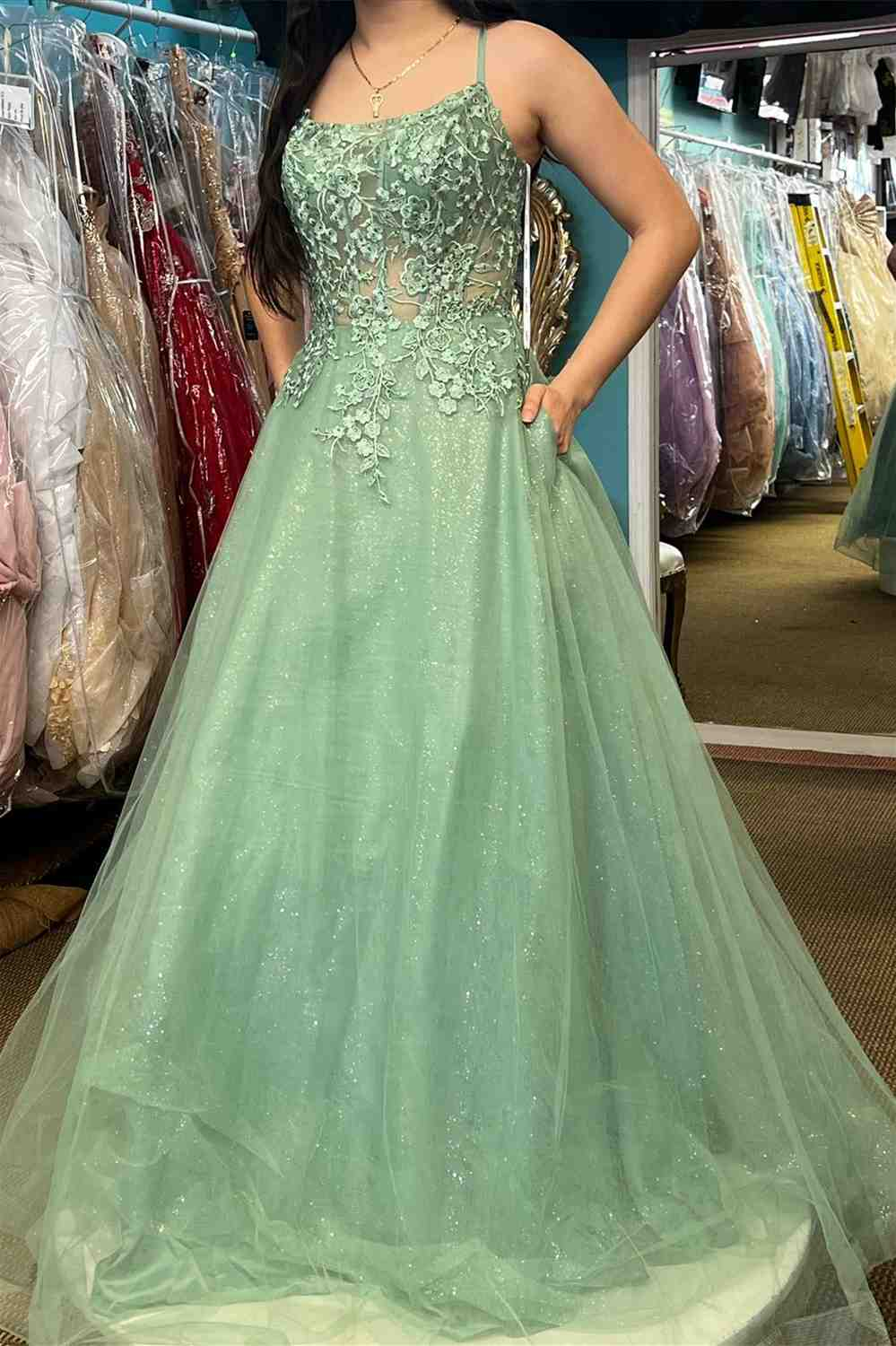 Dusty Sage A-line Lace-Up Back Applique Tulle Long Prom Dress  Y4005