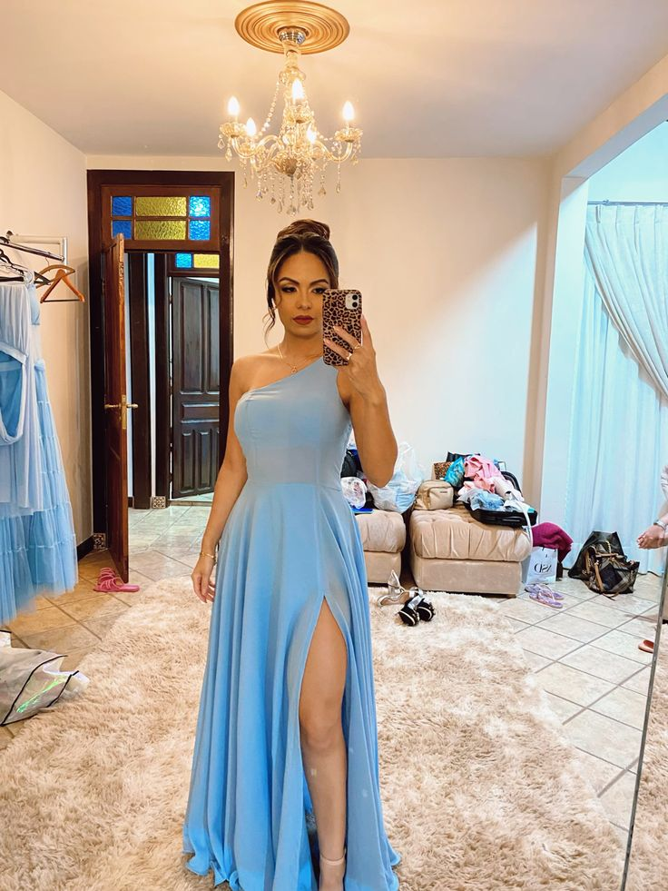 Elegant One Shoulder Blue Prom Dress With Slit,Blue Bridesmaid Dress Y5158