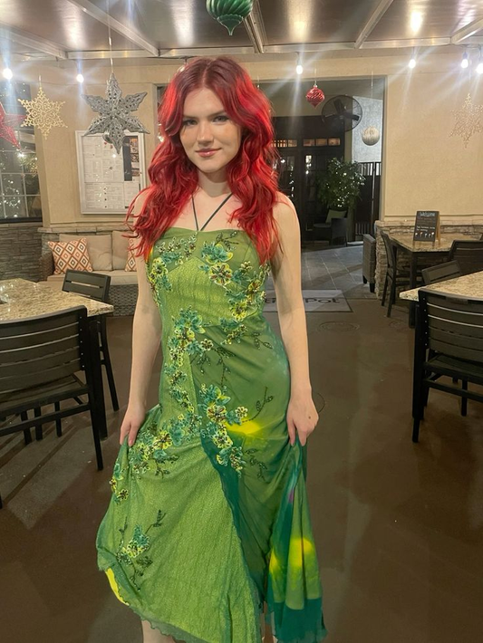 Vintage Green Halter Chiffon Beaded Appliques Long Prom Dress Birthday Party Dress SP308