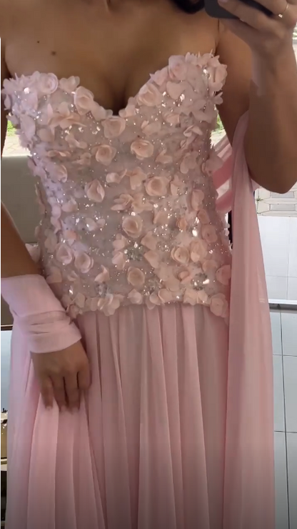 Elegant Pink Strapless Chiffon Appliques Long Party Dress Evening Dress SP3741