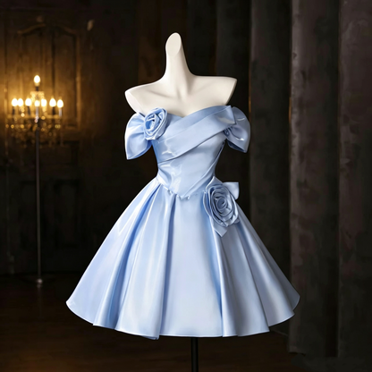 Classy Blue Satin Off the Shoulder Pleated Homecoming Dress,A Line Short Birthday Outfits SP3431