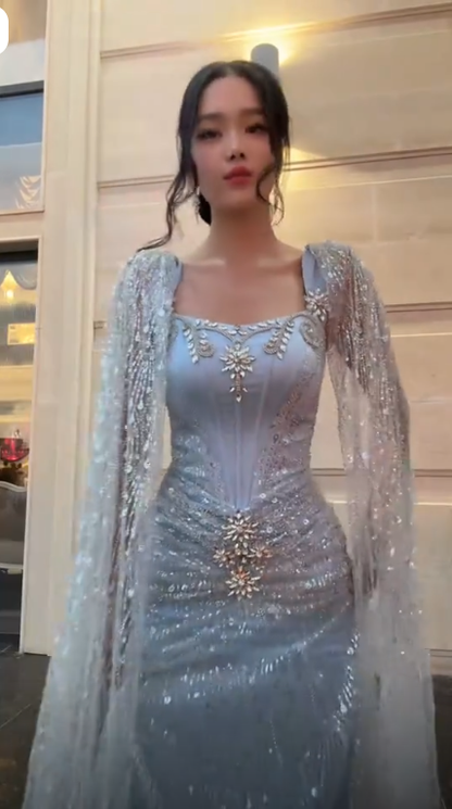 Elegant Blue Satin Tulle Sequin Beaded Long Party Dress Birthday Prom Dresses SP3996